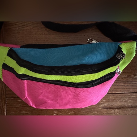80s Neon Fanny Pack Adjustable Retro Two Pockets Waist Bag Lightweight - Picture 4 of 7